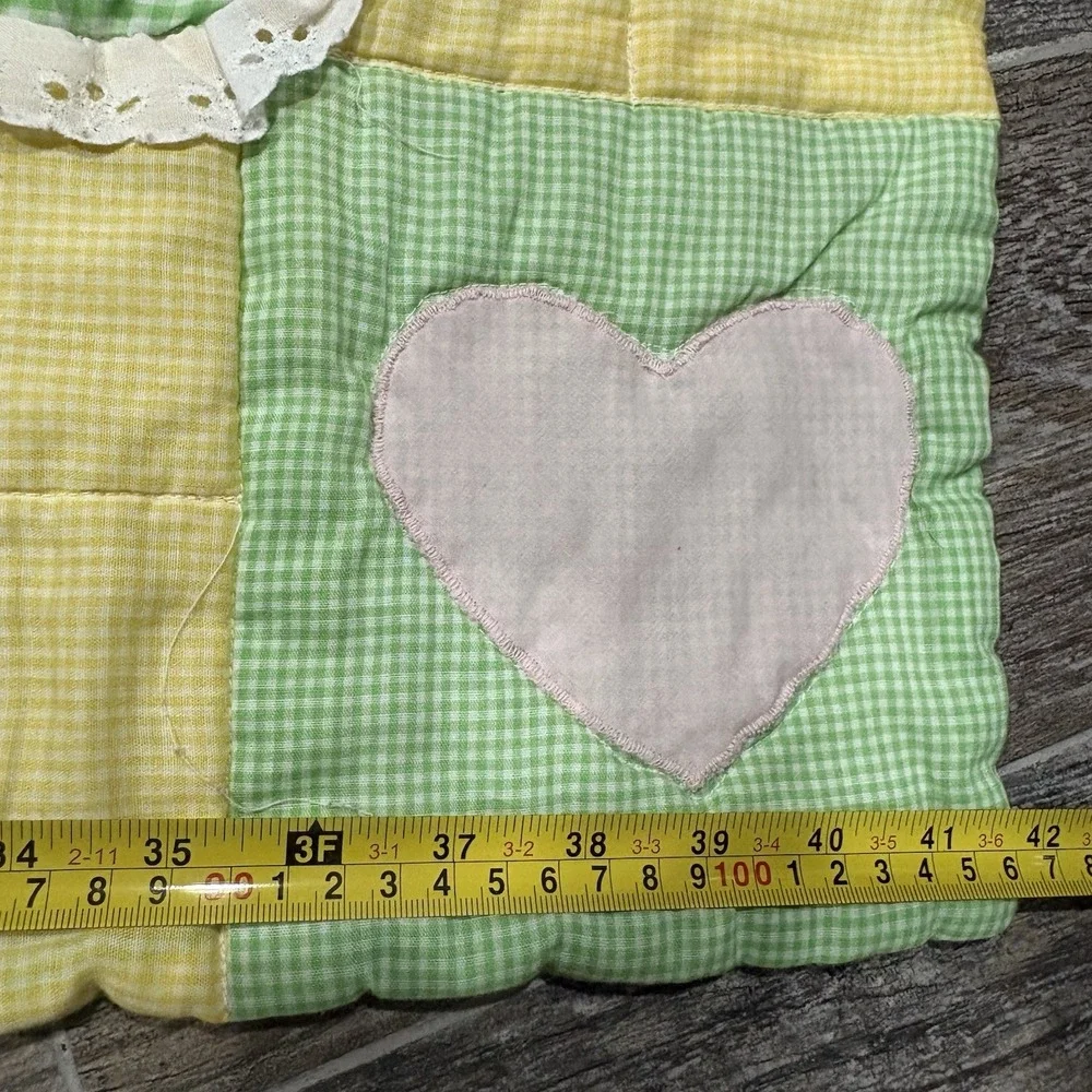 Vtg Mother Goose Baby Quilt Duck Gingham Lace Handmade Cottagecore Green Yellow